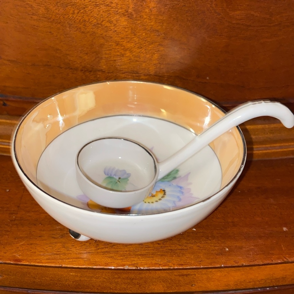 Vintage Noritake footed bowl and ladle made in Japan hand painted